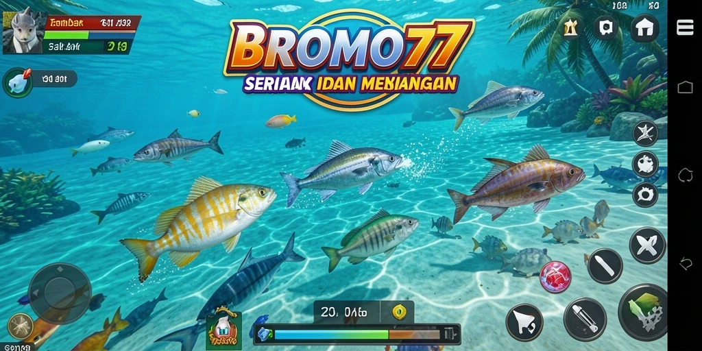 Tampilan gameplay BROMO77 yang menarik dengan ikan berwarna-warni.