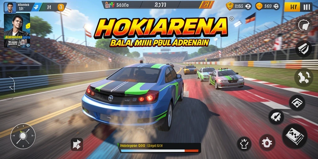 Screenshot gameplay HOKIARENA menampilkan balapan mendebarkan di trek yang menantang.