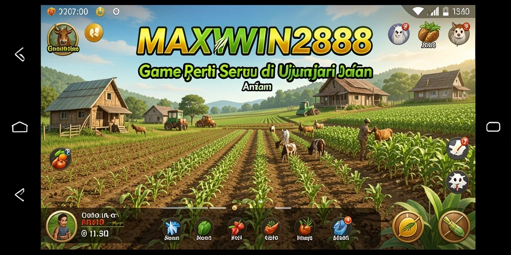Tampilan screenshot gameplay <strong>MAXWIN288</strong> yang menampilkan aktivitas bertani yang seru.