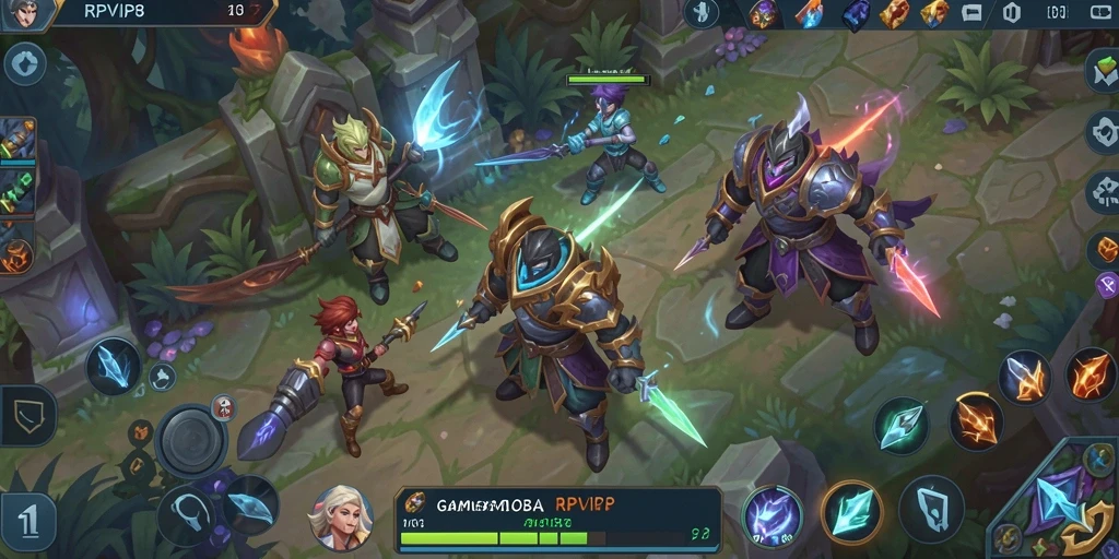 Screenshot gameplay RPVIP8 menunjukkan pertarungan seru antar karakter MOBA.